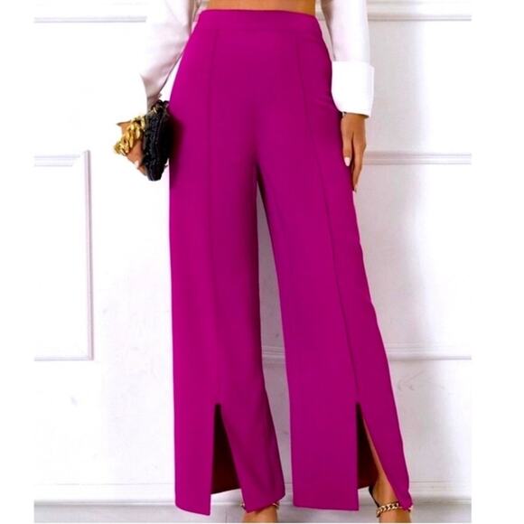 🍁 NWT Happily Grey Wide Leg Trouser Pants Full Length High Waisted Front Slit XS - Picture 2 of 15